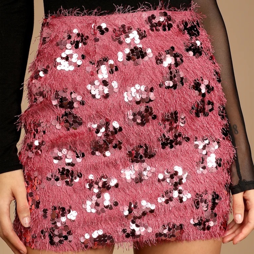 Lulus Hot Pink Fringe and Sequin Mini Skirt New Year’s